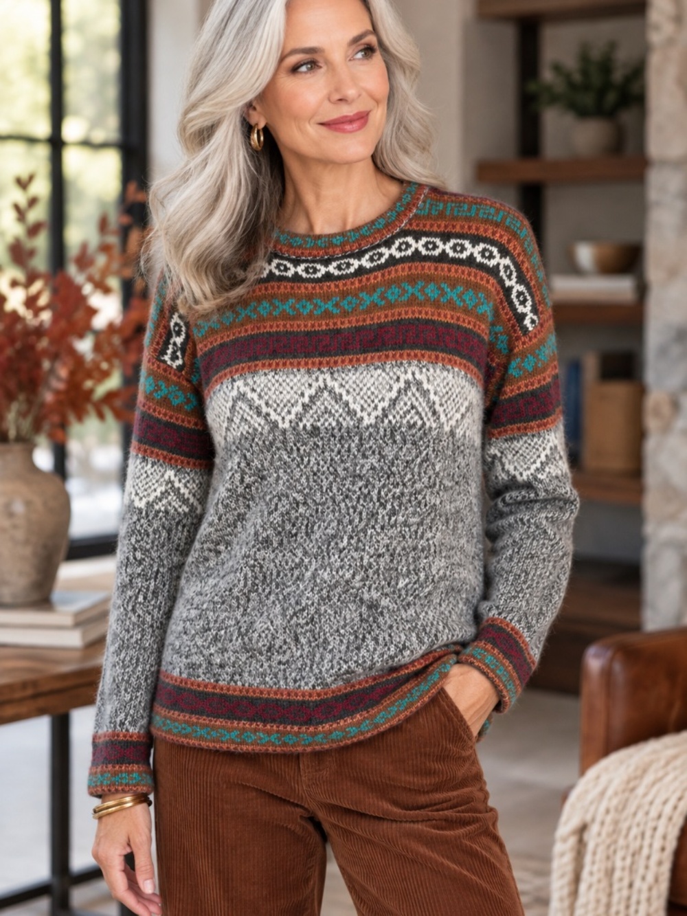 Sanyork Fair Trade Alpaca Blend Gray Fair Isle Crewneck Sweater